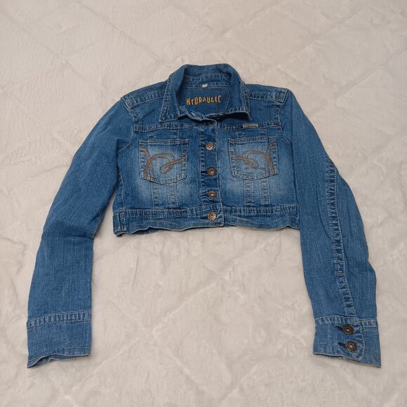 Hydraulic cropped distressed denim jacket - Picture 1 of 14